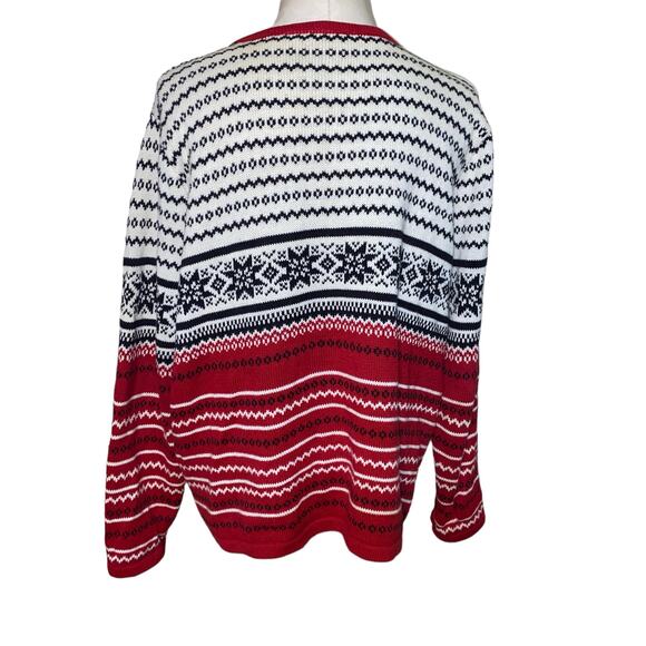 Villager Sport Liz Claiborne Red White Blue Fair Isle Snowflake Zip Up Cardigan - Picture 3 of 12